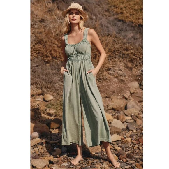 Anthropologie V-Neck Solid Jumpsuit Dress Ruffle Wide Leg Moss